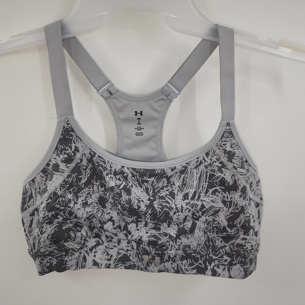 Under Armour Athletic Sports Bra Razorback Adjustable Straps Gray and White